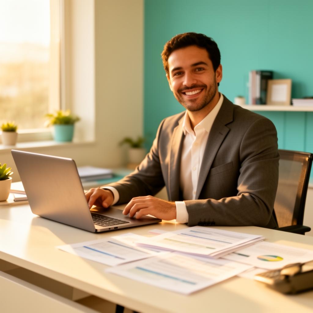Contadora atendendo cliente em escritório moderno